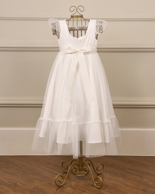 Vestido para daminha Loulou branco com tule riscadinho, cinto de renda e mangas em babado da Etiquette