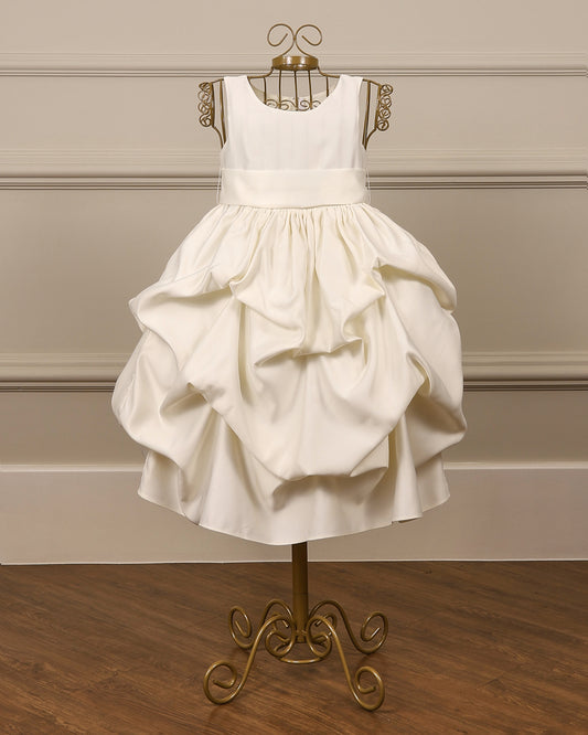 Vestido para daminha Princesa offwhite com pregas recolhidas e faixa em organza da Etiquette