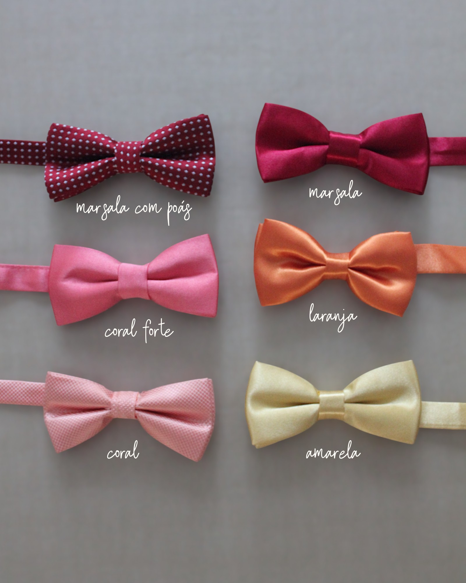 Gravatinha borboleta infantil em cetim nos tons vermelho, coral e amarelo. Acessório regulável para pajens.