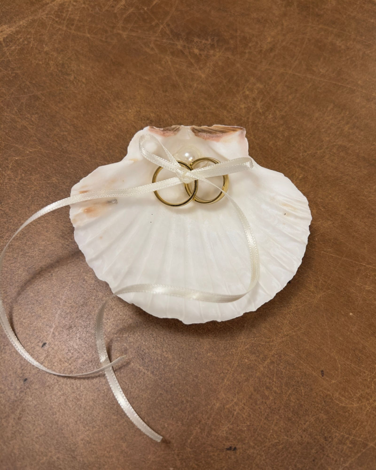 Porta alianças de concha com fitinha para amarrar as alianças, perfeito para casamento na praia