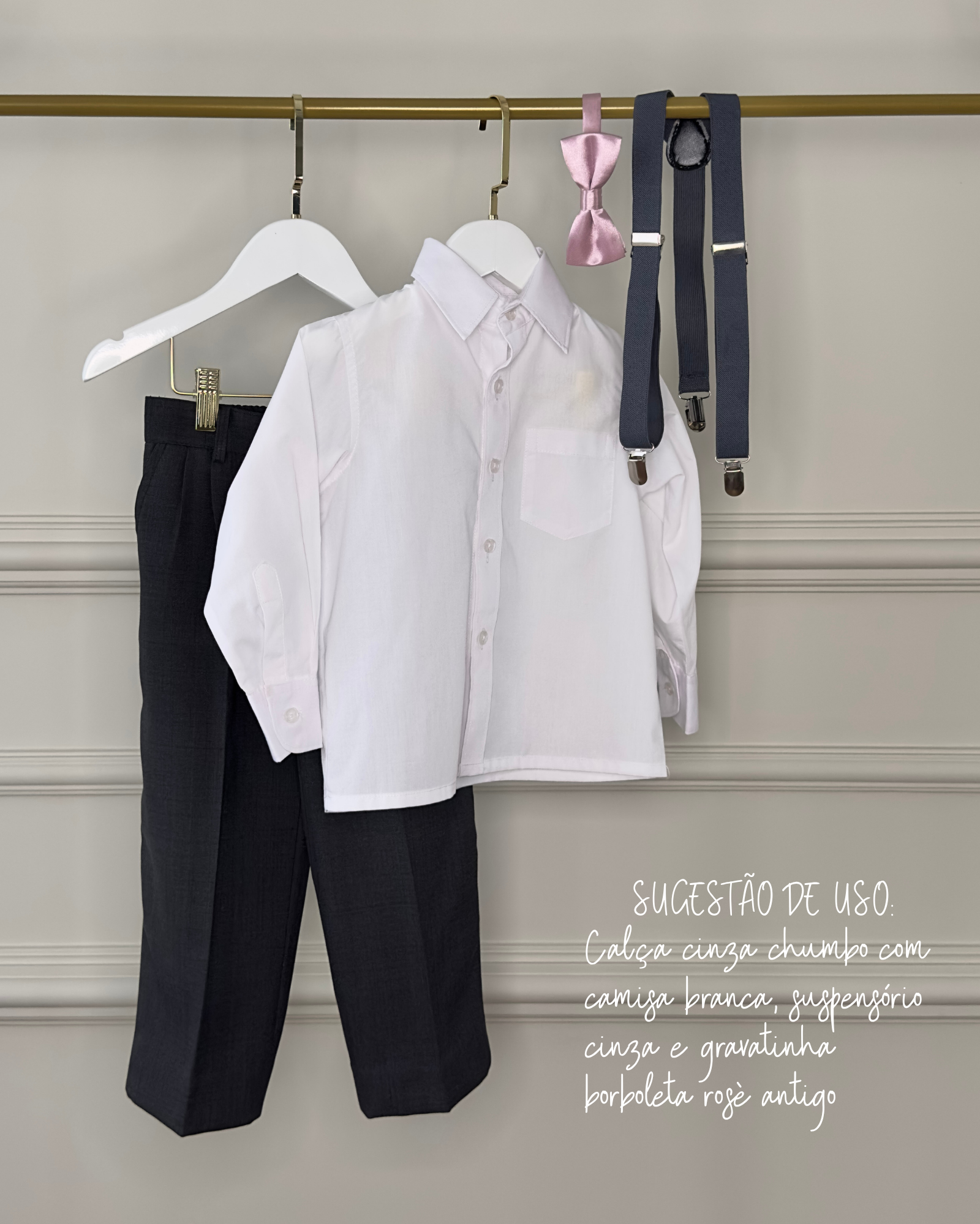 Sugestão de uso para pajens Etiquette, calça social com camisa branca, suspensório e gravatinha borboleta