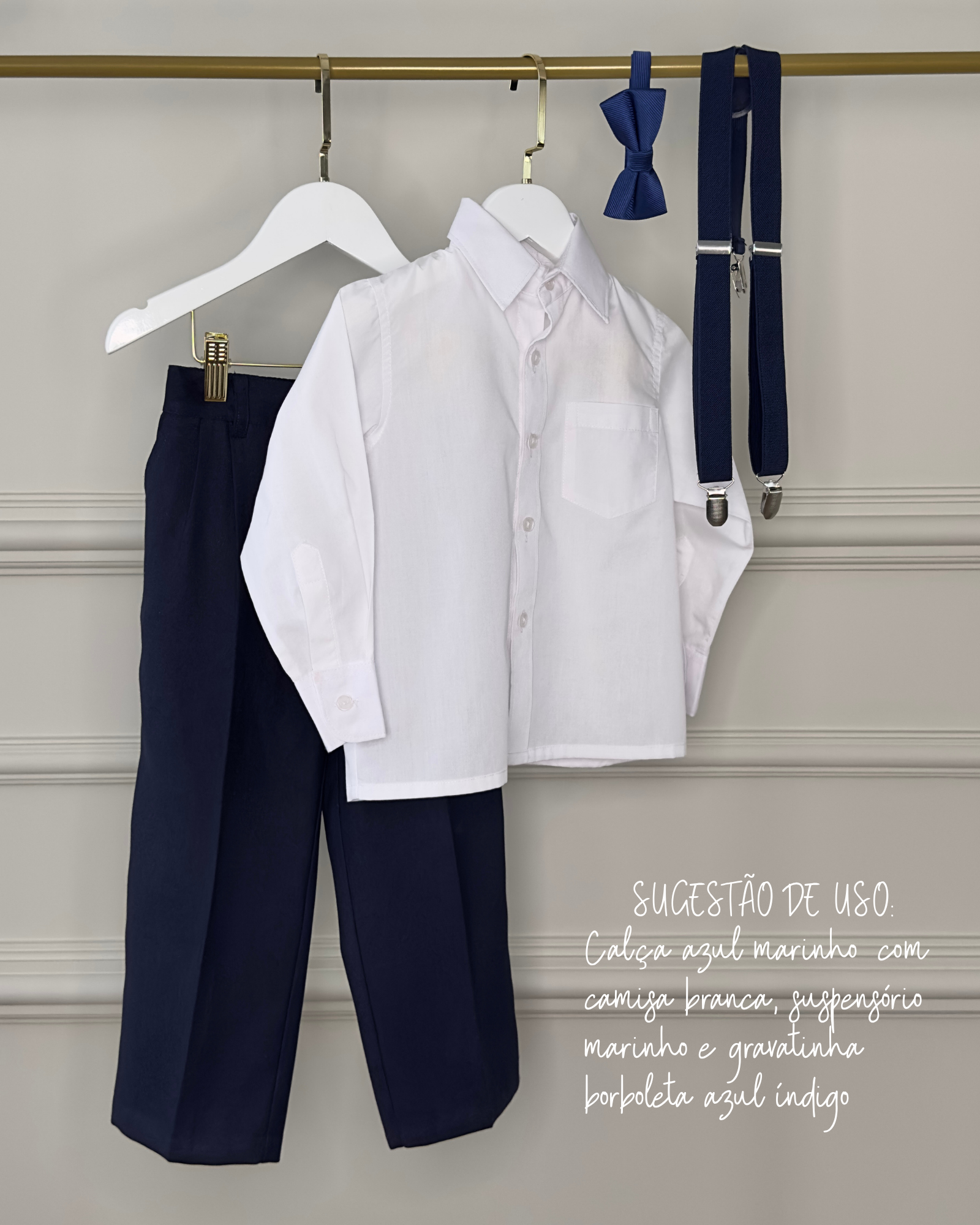 Sugestão de uso para pajens Etiquette, calça social com camisa branca, suspensório e gravatinha borboleta