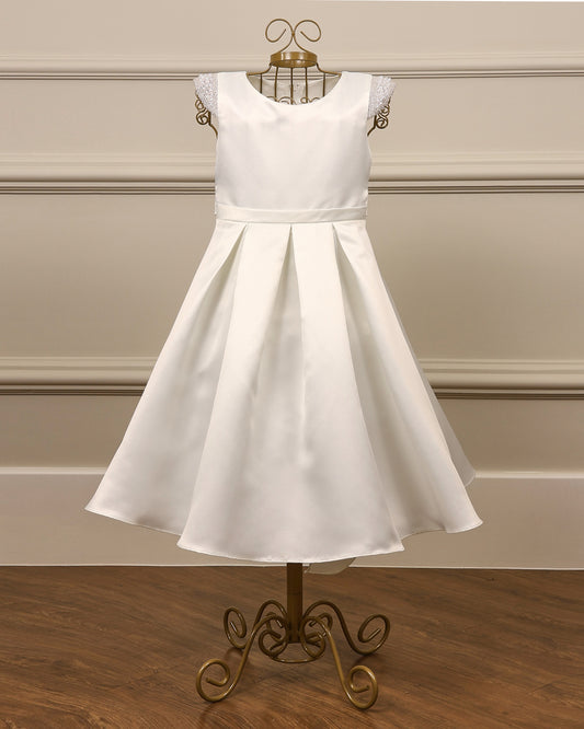 Vestido para daminha Elsie branco perolado com mangas bordadas em pérolas e laço nas costas da Etiquette